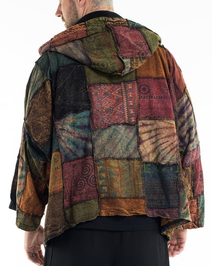 Patchwork Stonewash Hooded Jacket in Multi Brown
