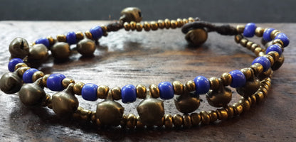 Brass Bell And Blue Bead Double Strand Bracelets