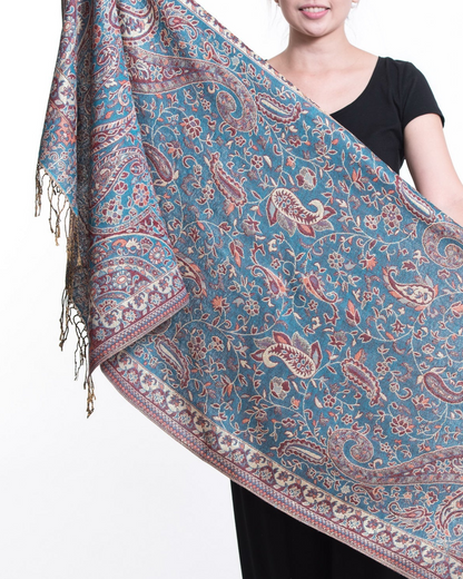 Nepal Traditional Paisley Pashmina Shawl Scarf in Blue