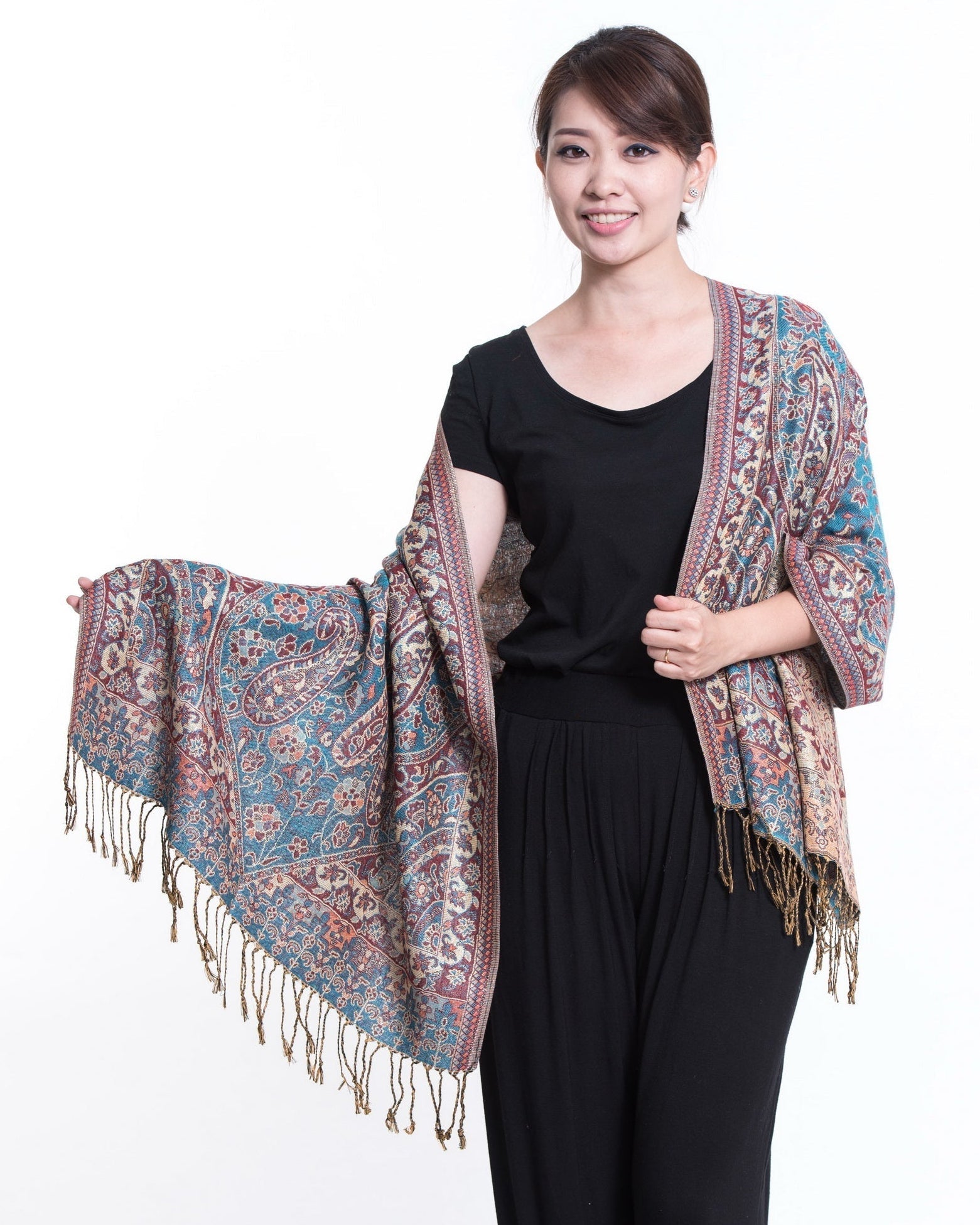 Nepal Traditional Paisley Pashmina Shawl Scarf in Blue