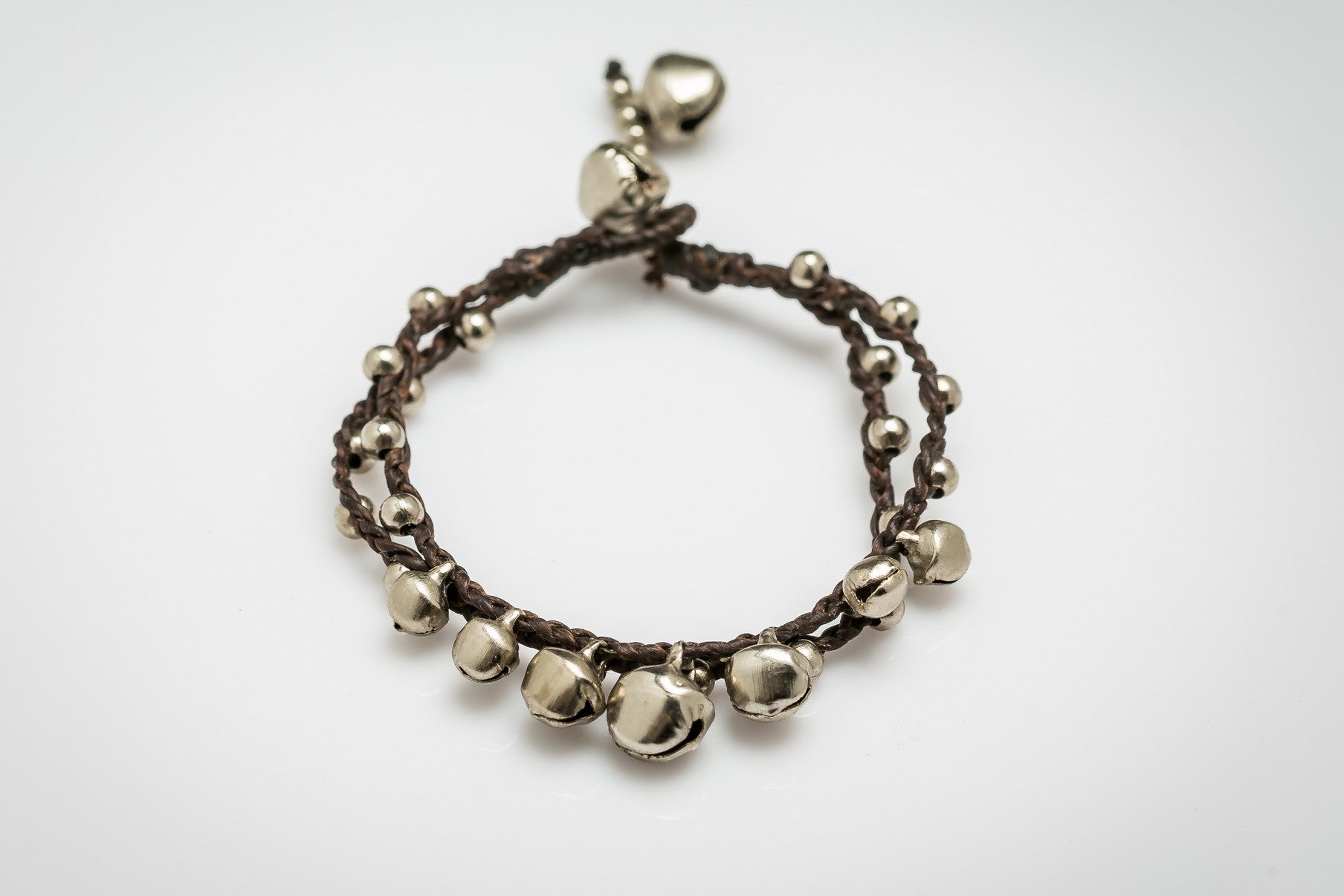 Silver Color Bell Waxed Cotton Bracelets in Chocolate