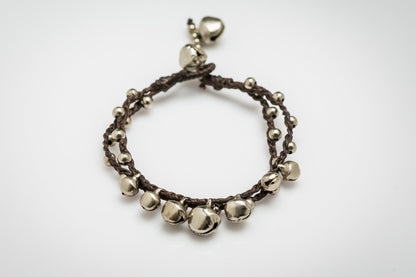 Silver Color Bell Waxed Cotton Bracelets in Chocolate
