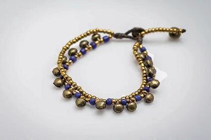 Brass Bell And Blue Bead Double Strand Bracelets