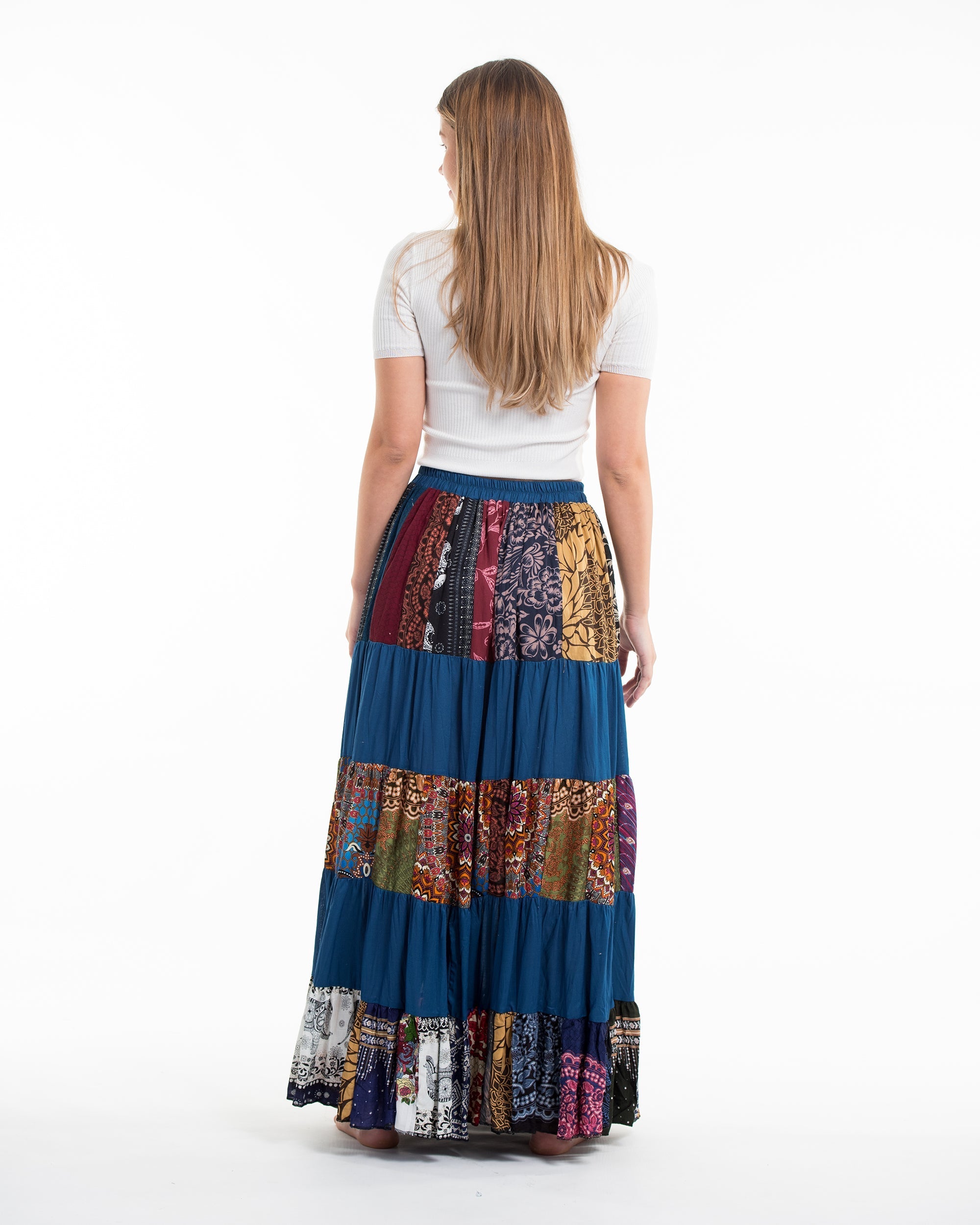 Patchwork Long Skirt in Aqua Blue