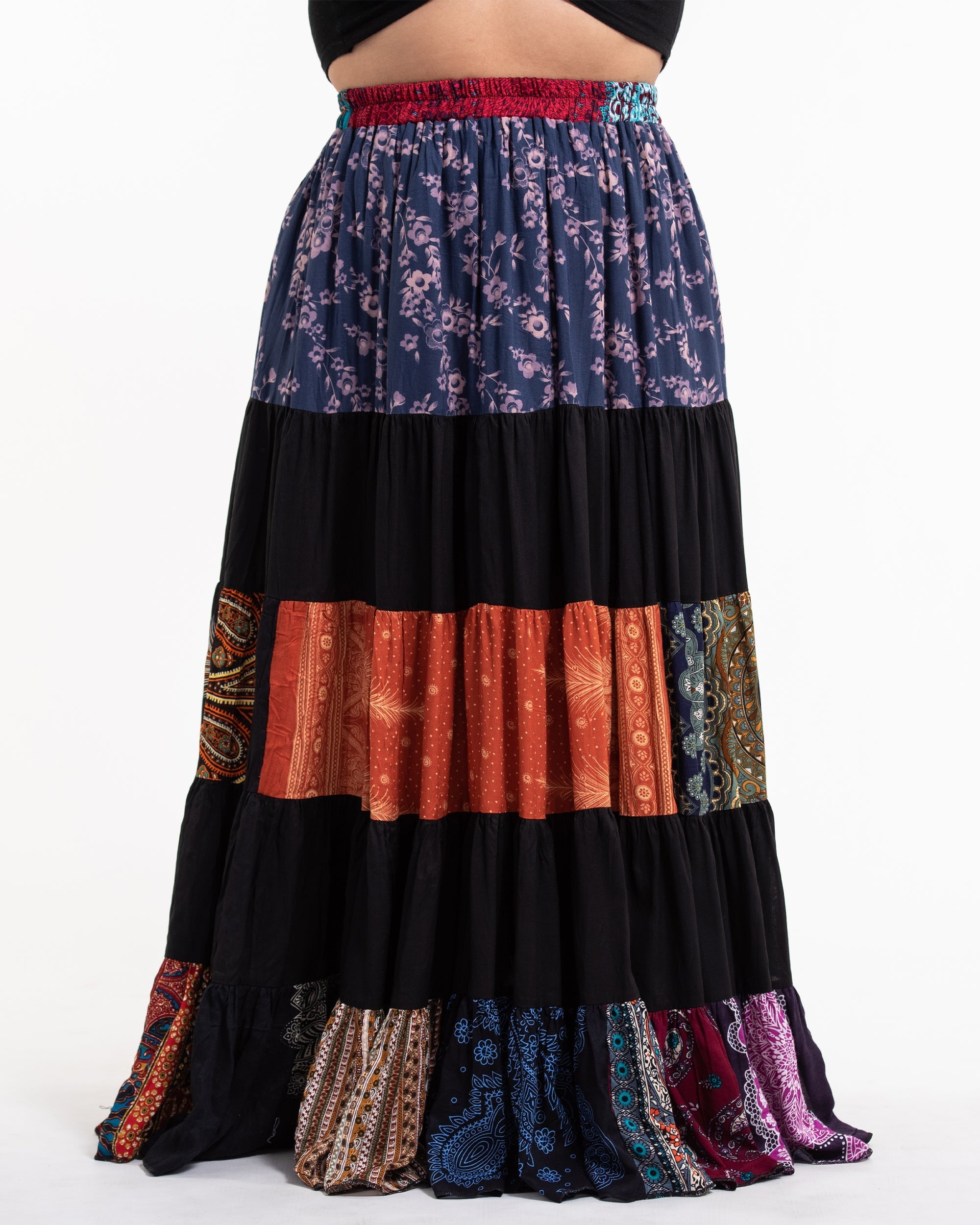 Plus Size Patchwork Long Skirt in Black