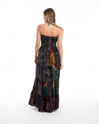 Upcycled Patchwork Multi Print Maxi Dress in Brown
