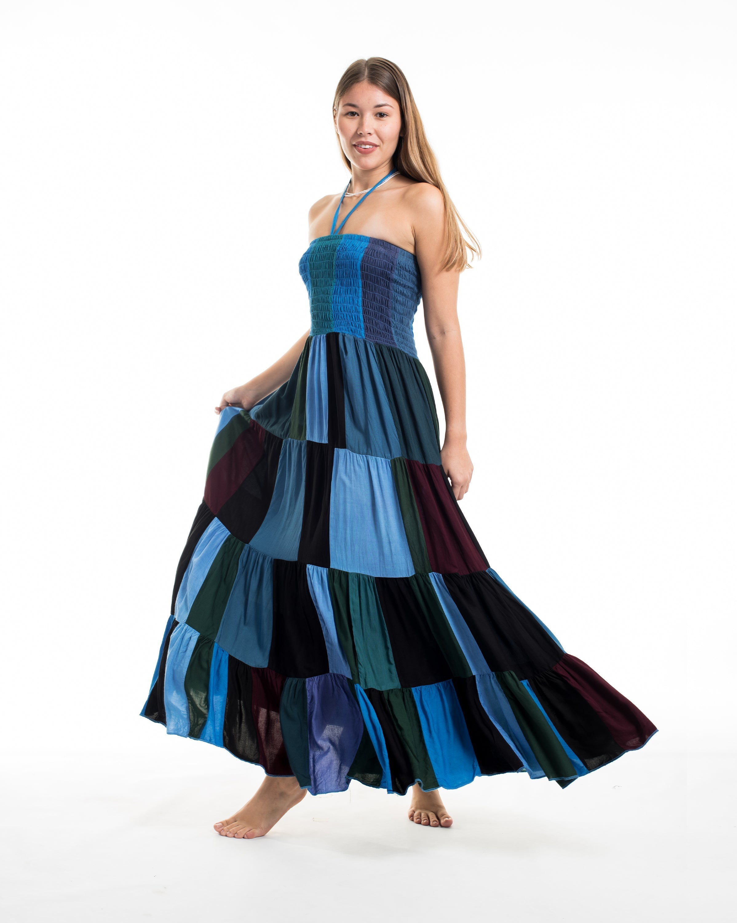 Upcycled Patchwork Maxi Dress in Blue