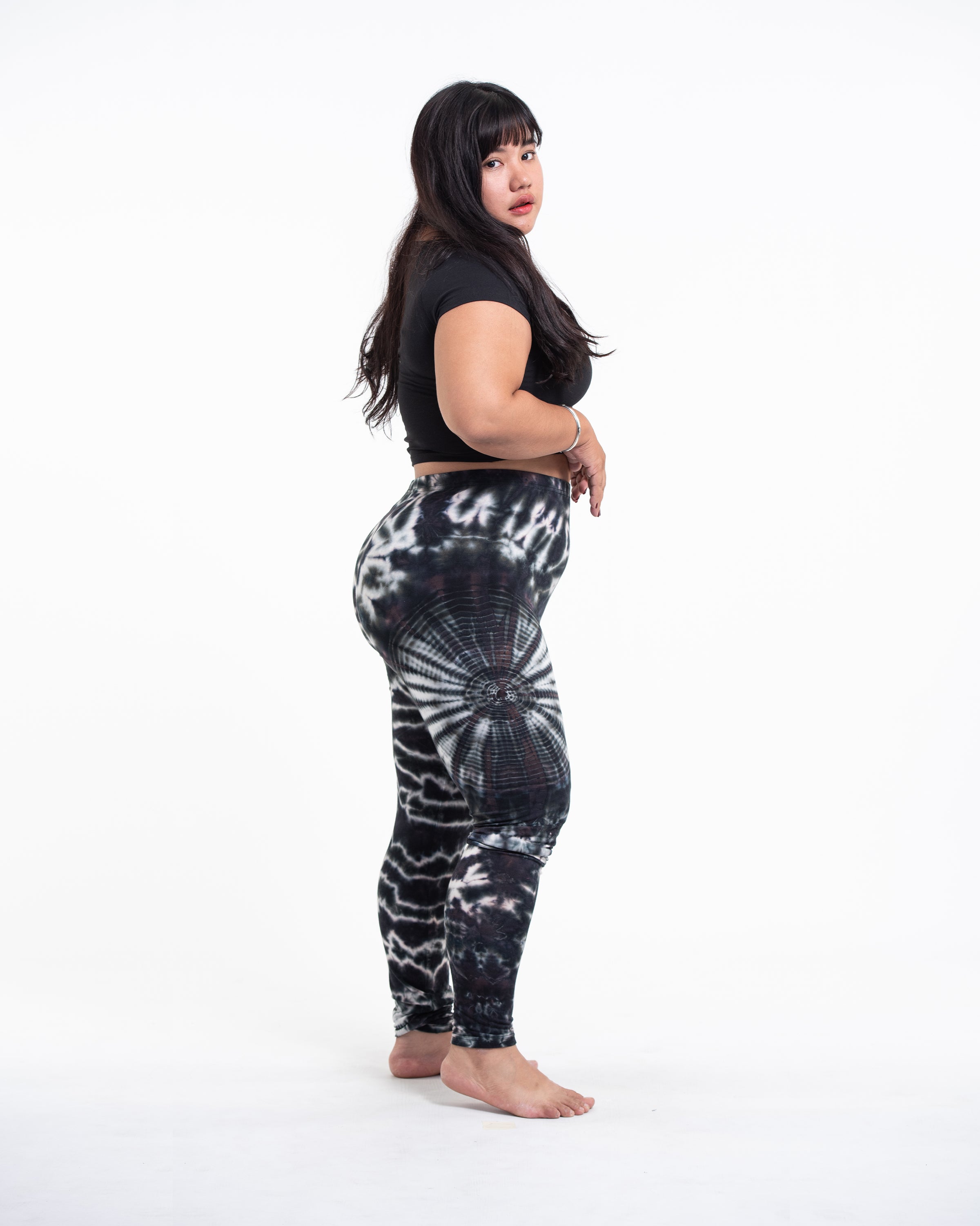 Plus Size Swirls Tie Dye Cotton Leggings in Black Brown