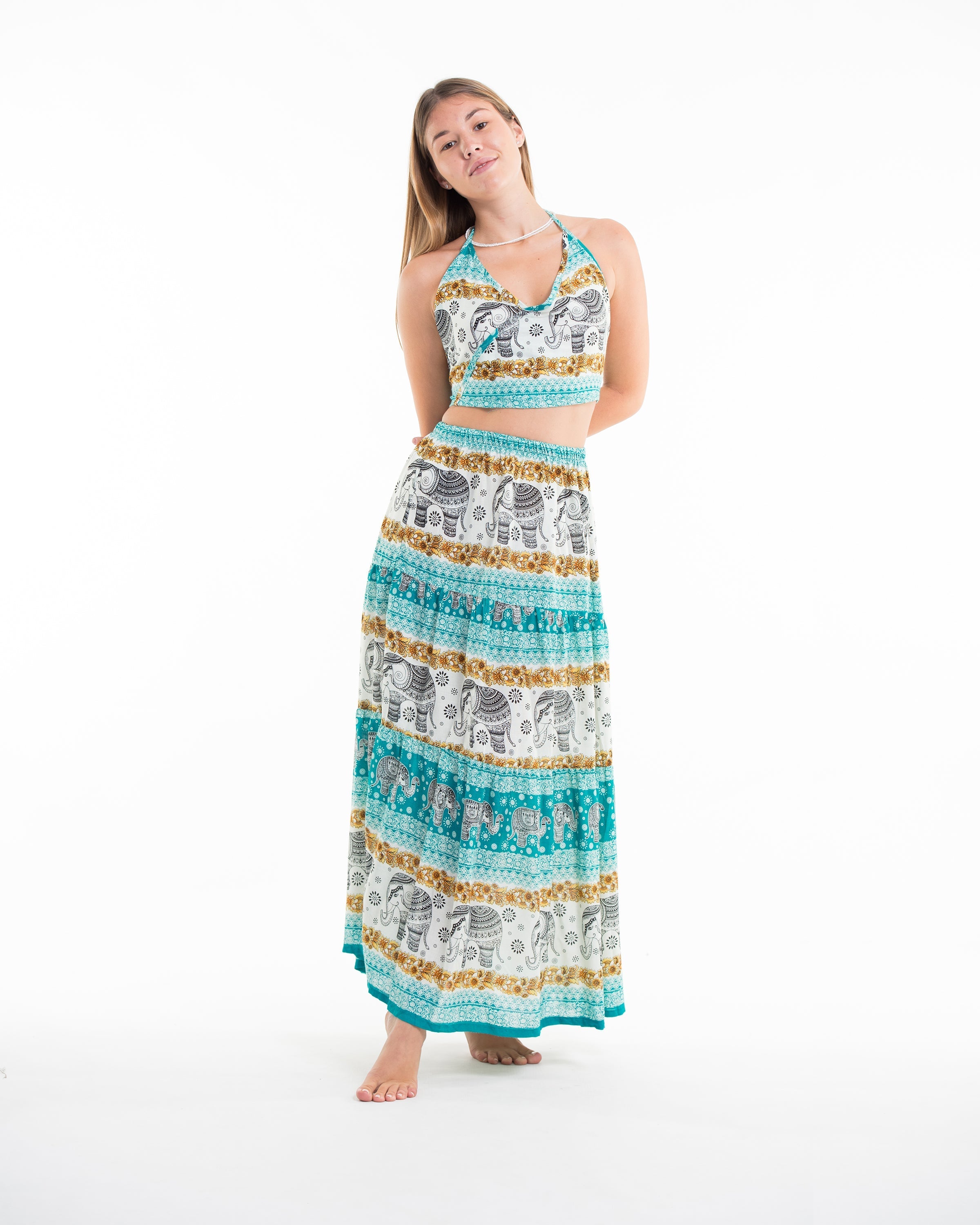 Elephant Dreams Crop Top and Long Skirt in Turquoise