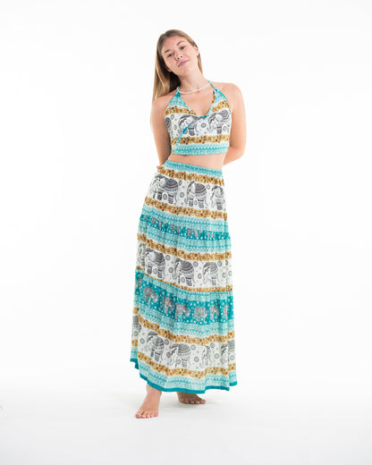 Elephant Dreams Crop Top and Long Skirt in Turquoise