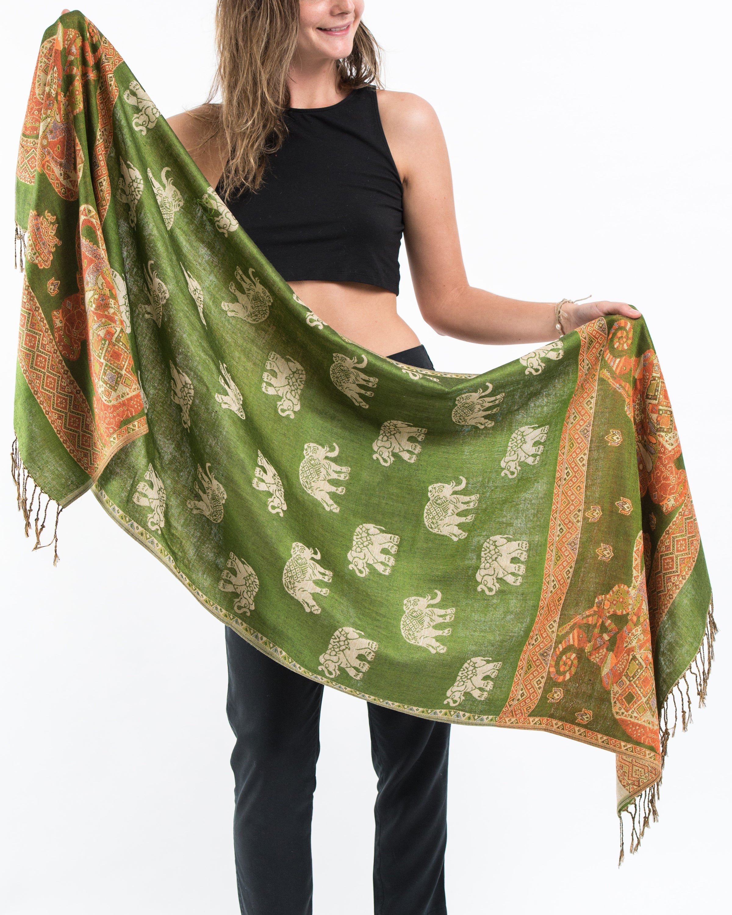 Nepal Elephant Pashmina Shawl Scarf in Green