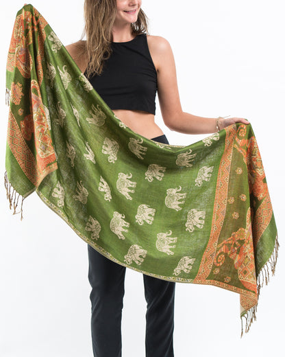 Nepal Elephant Pashmina Shawl Scarf in Green