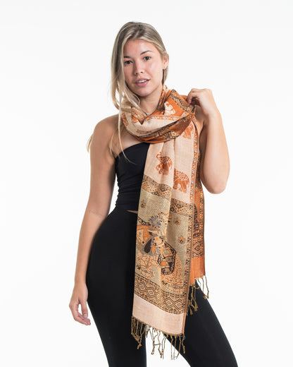 Nepal Elephant Pashmina Shawl Scarf in Rust