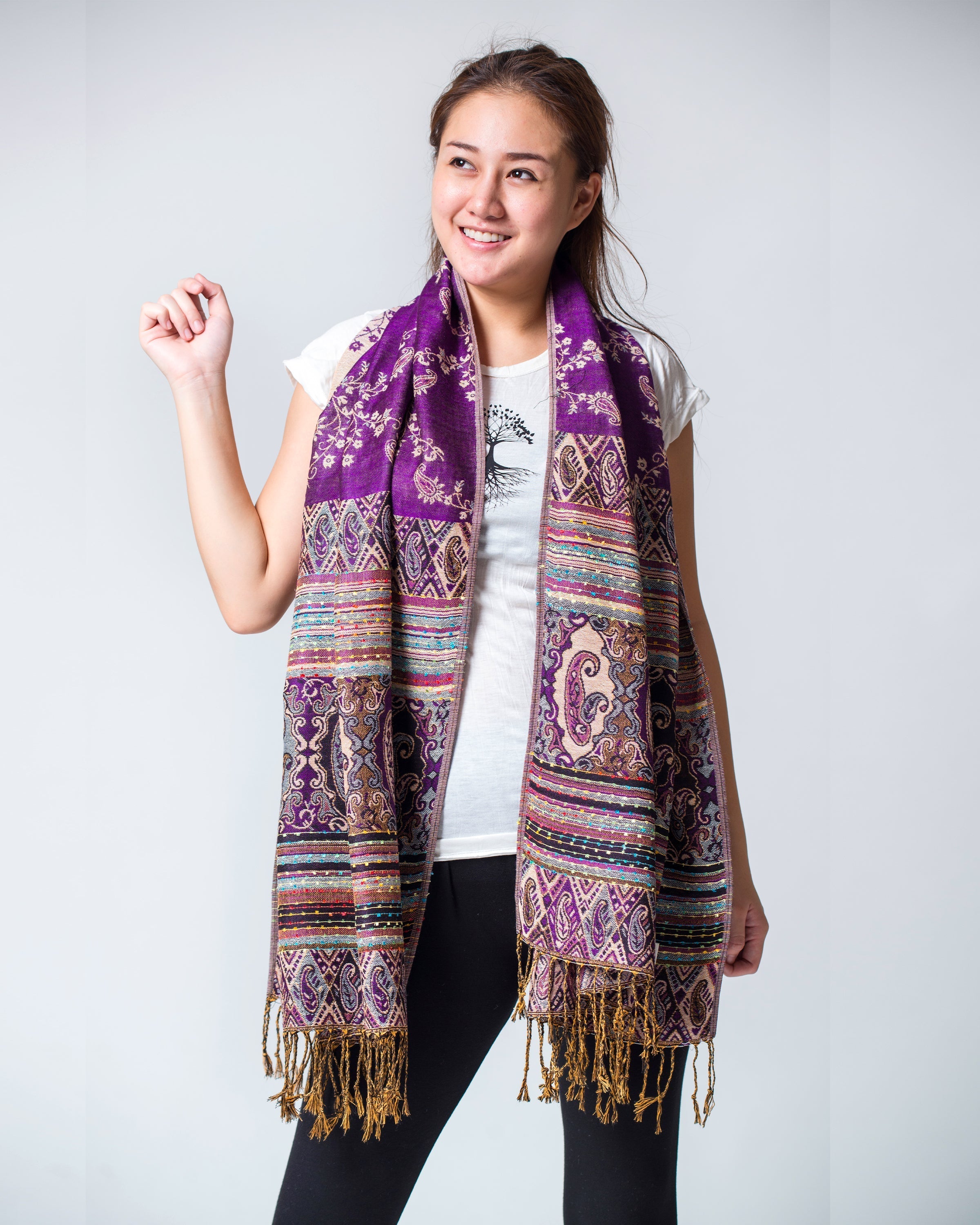 Nepal Floral Paisley Pashmina Shawl Scarf in Purple