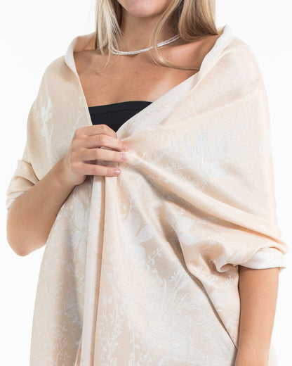 Nepal Floral Butterfly Pashmina Shawl Scarf in Cream