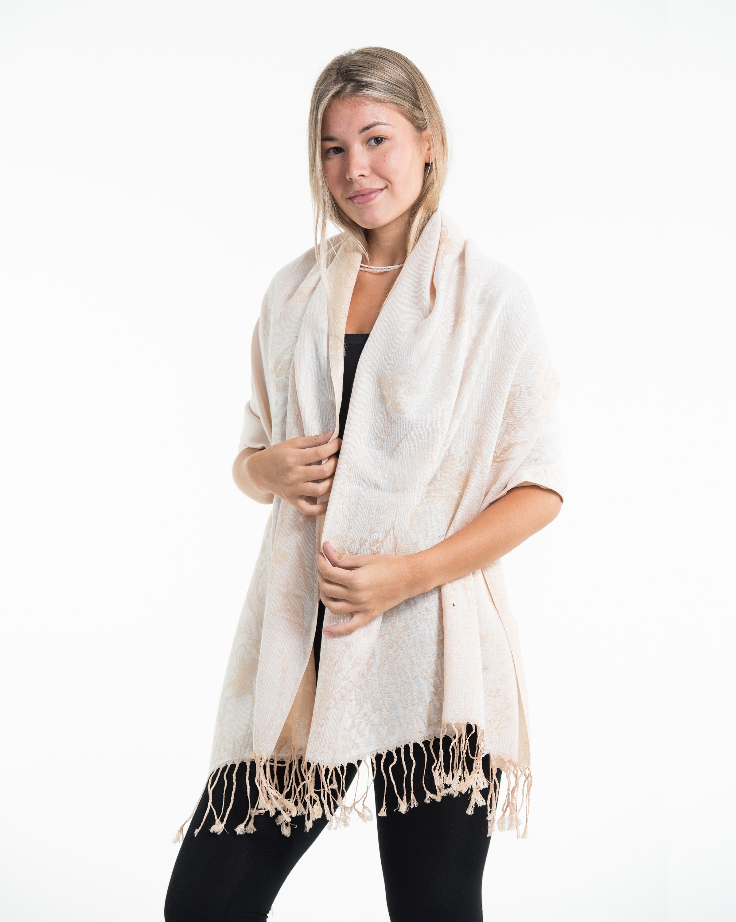 Nepal Floral Butterfly Pashmina Shawl Scarf in Cream
