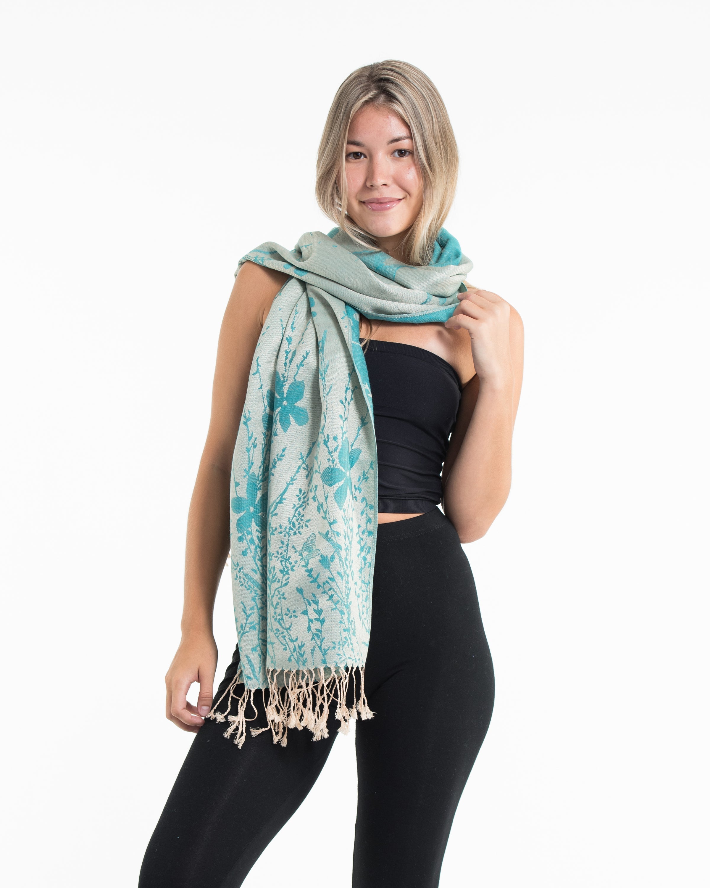 Nepal Floral Butterfly Pashmina Shawl Scarf in Turquoise