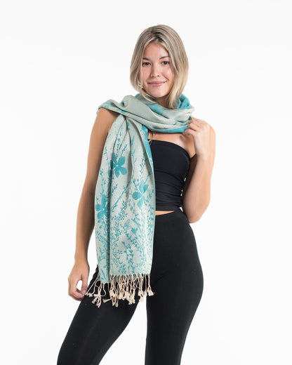 Nepal Floral Butterfly Pashmina Shawl Scarf in Turquoise