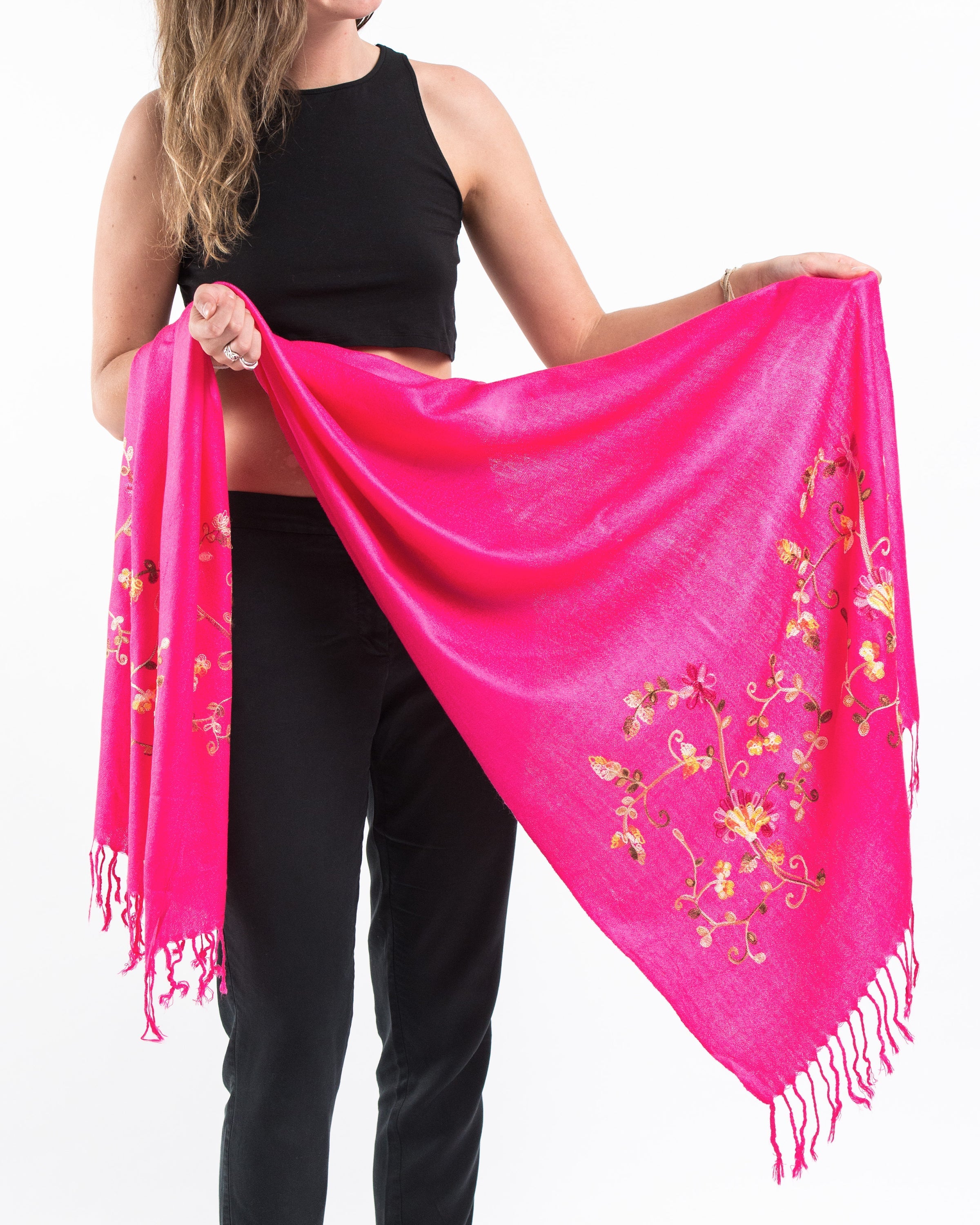 Nepal Floral Embroidered Pashmina Shawl Scarf in Pink