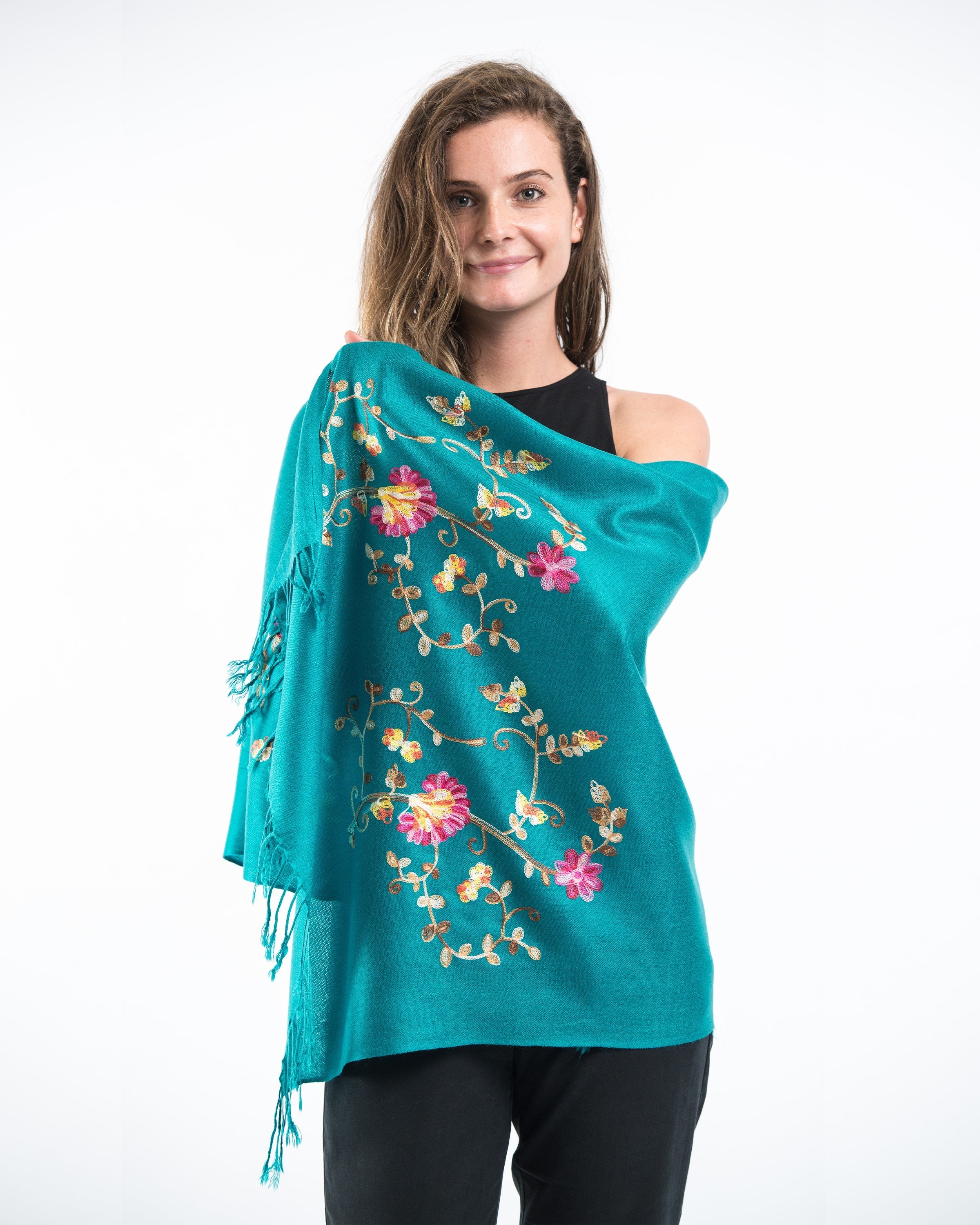 Nepal Floral Embroidered Pashmina Shawl Scarf in Turquoise