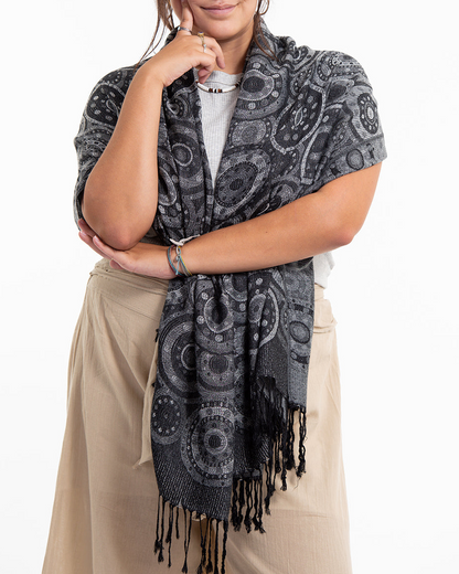 Nepal Mandalas Pashmina Shawl Scarf in Black