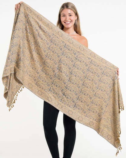 Indian Traditional Paisley Pashmina Shawl Scarf in Blue Gray