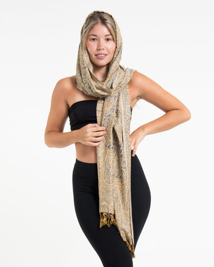 Indian Traditional Paisley Pashmina Shawl Scarf in Blue Gray