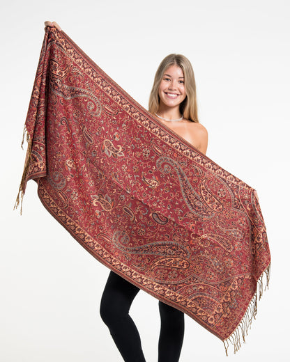 Nepal Traditional Paisley Pashmina Shawl Scarf in Red