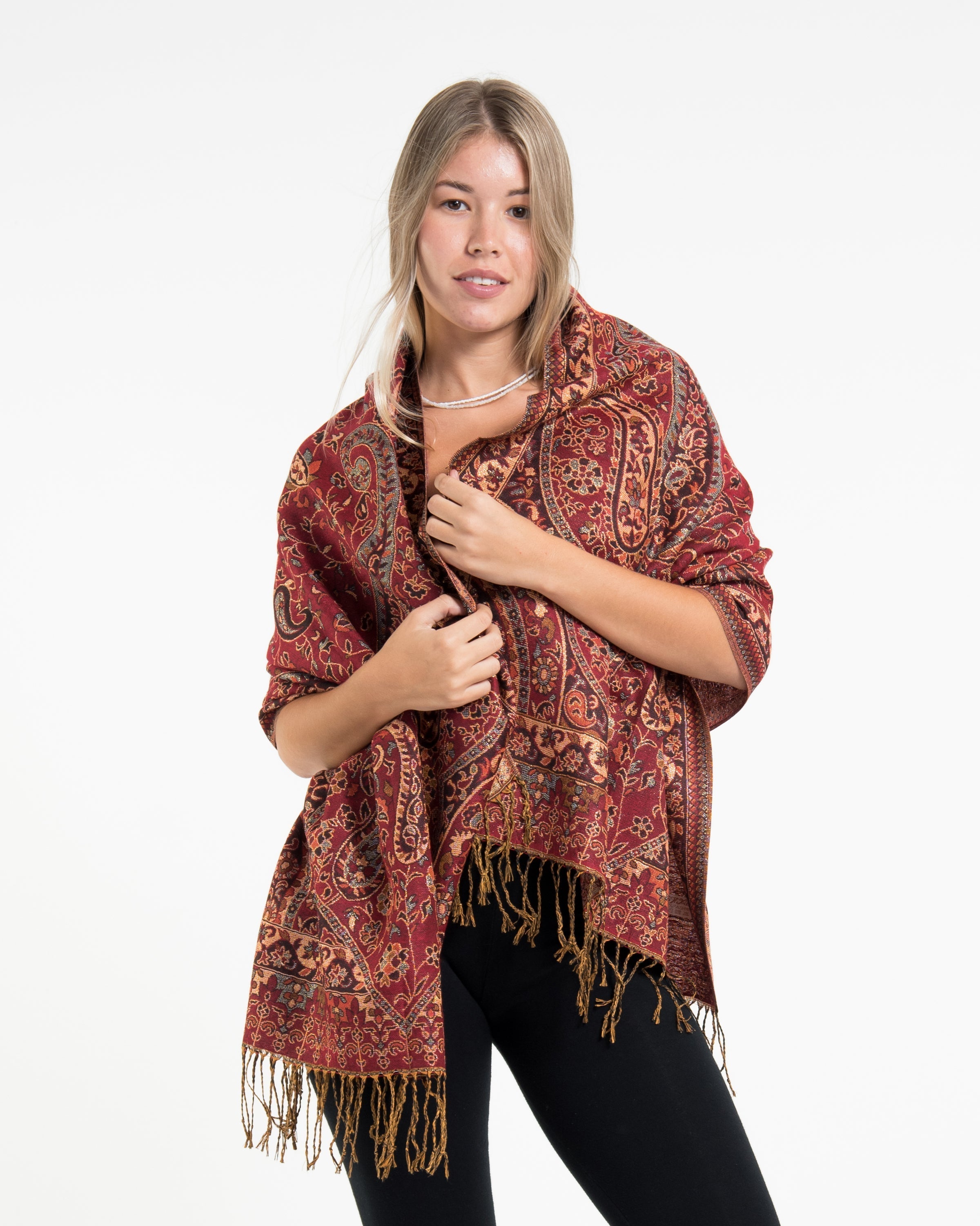 Nepal Traditional Paisley Pashmina Shawl Scarf in Red