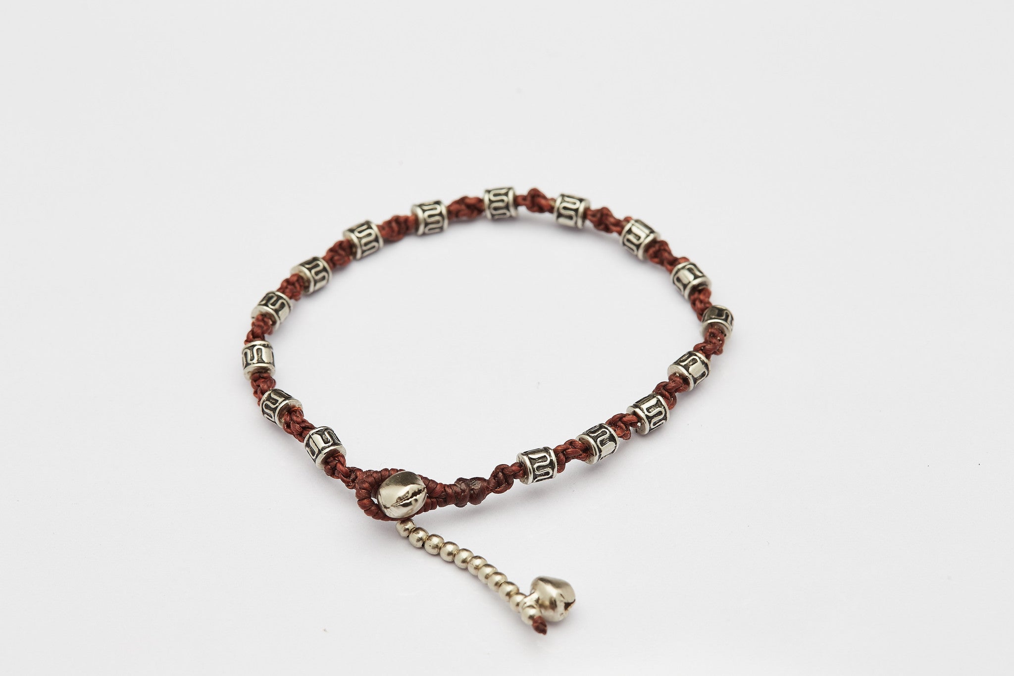 Hand Made Fair Trade Anklet Waxed Cotton Silver Beads Chocolate
