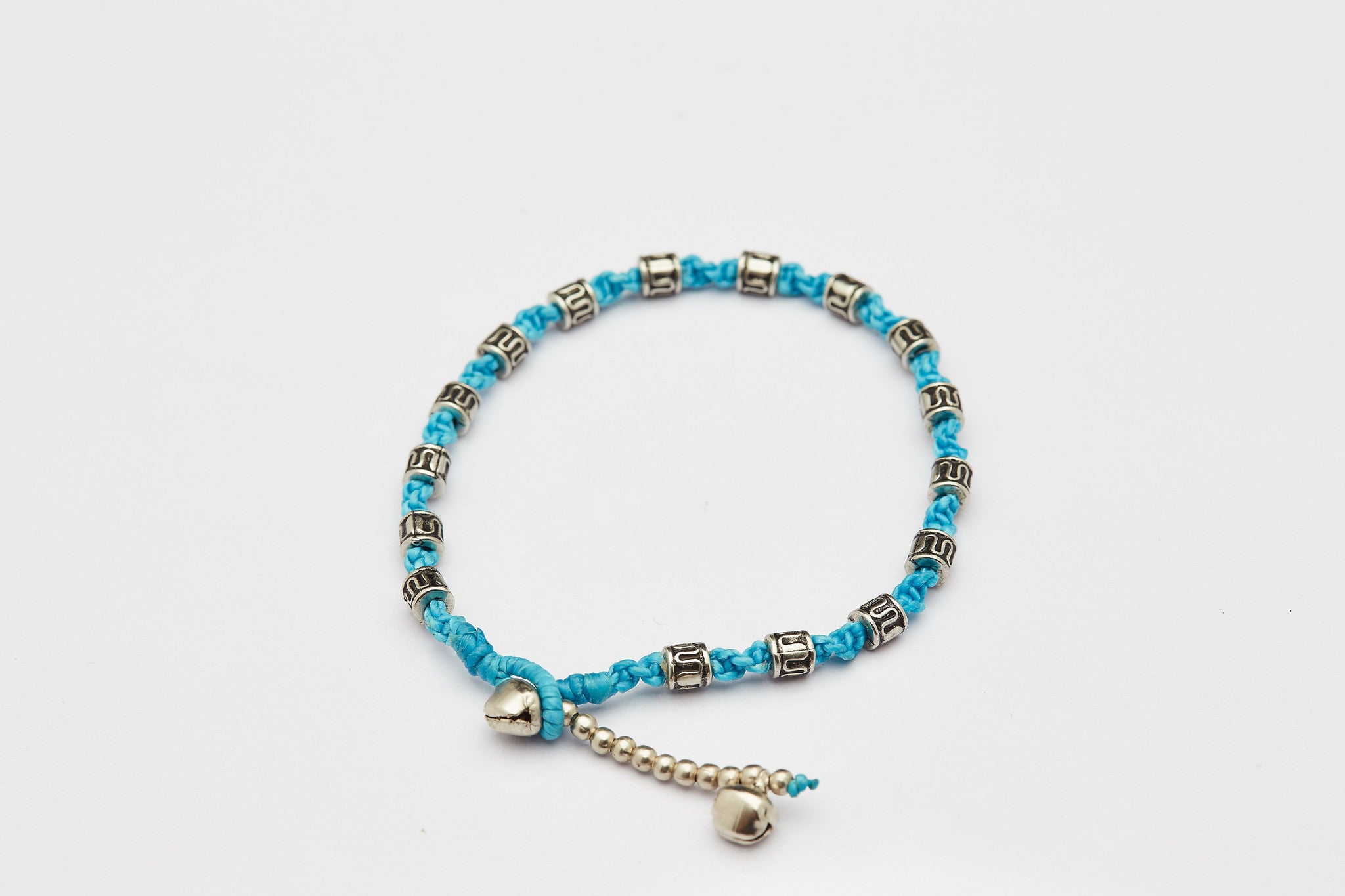 Hand Made Fair Trade Anklet Waxed Cotton Silver Beads Turquoise