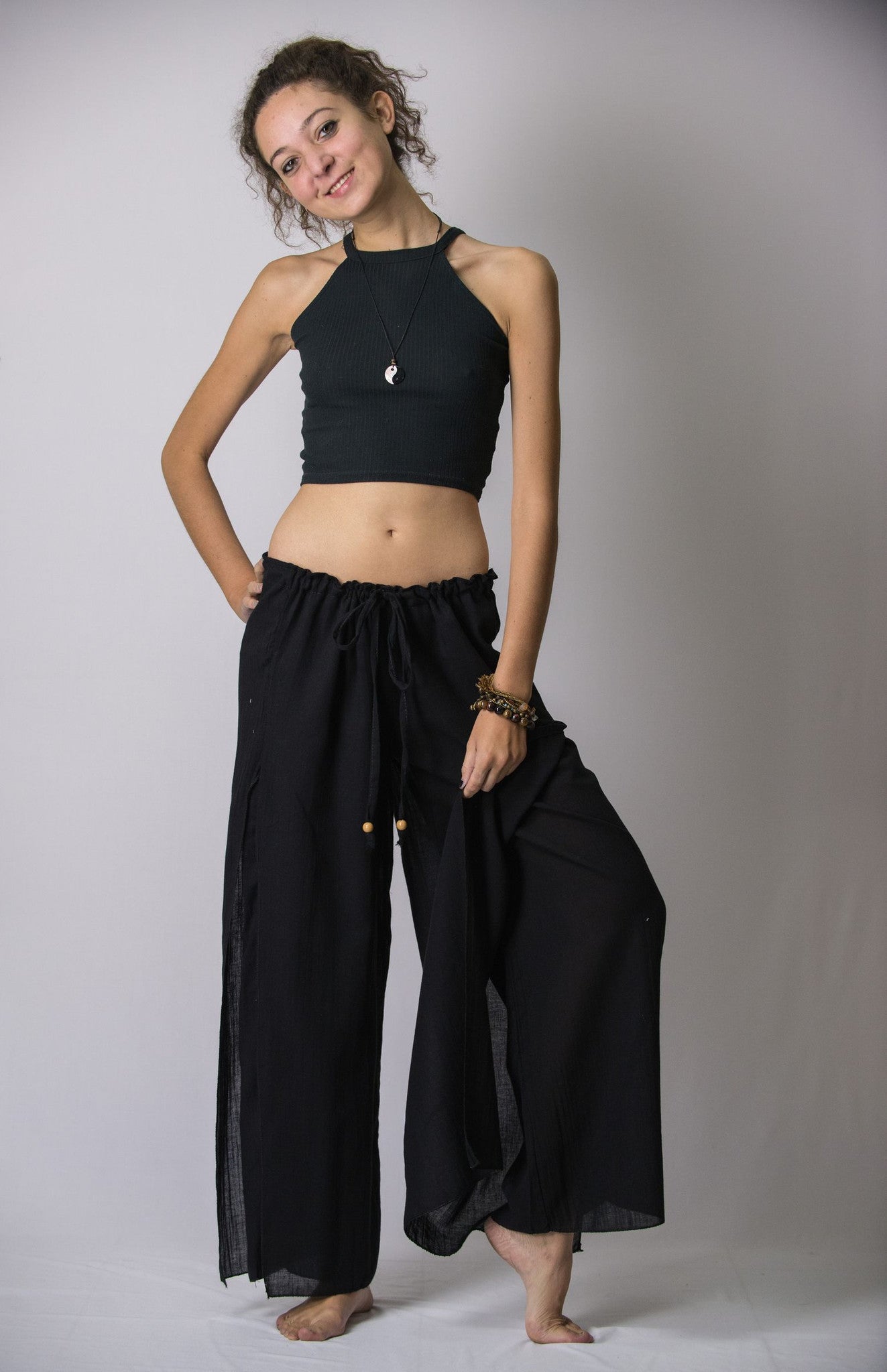 Women's Thai Harem Double Layers Palazzo Pants in Solid Black