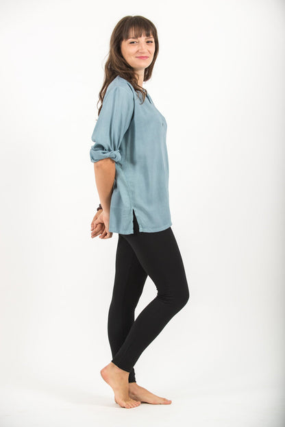 Womens Yoga Shirts No Collar with Coconut Buttons in Aqua