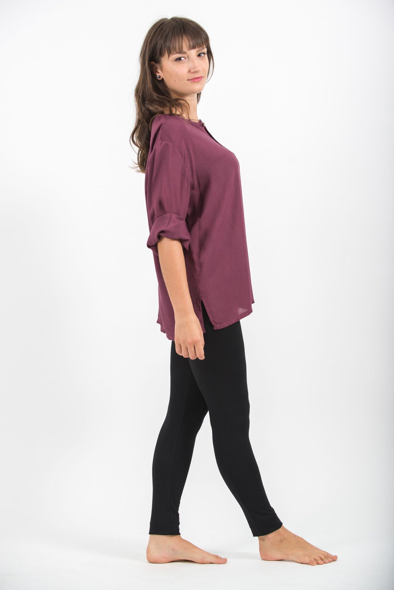 Womens Yoga Shirts No Collar with Coconut Buttons in Purple