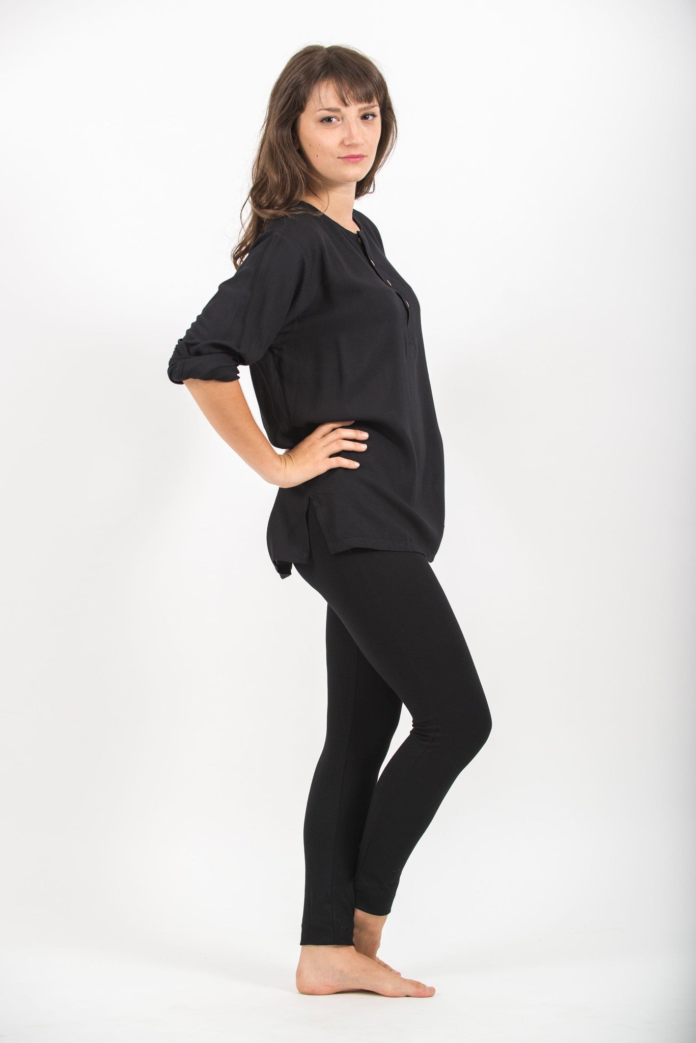 Womens Yoga Shirts No Collar with Coconut Buttons in Black