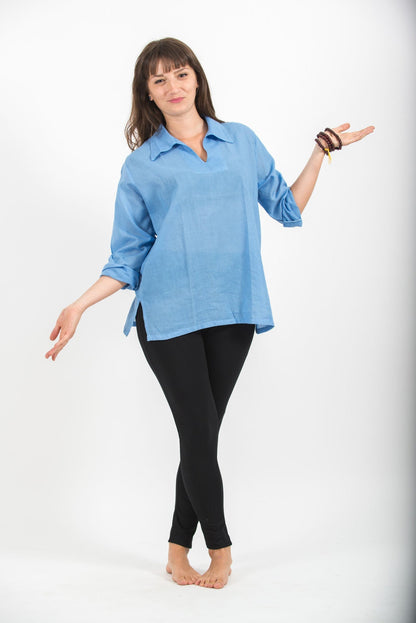 Womens Yoga Shirts Collar V Neck in Blue