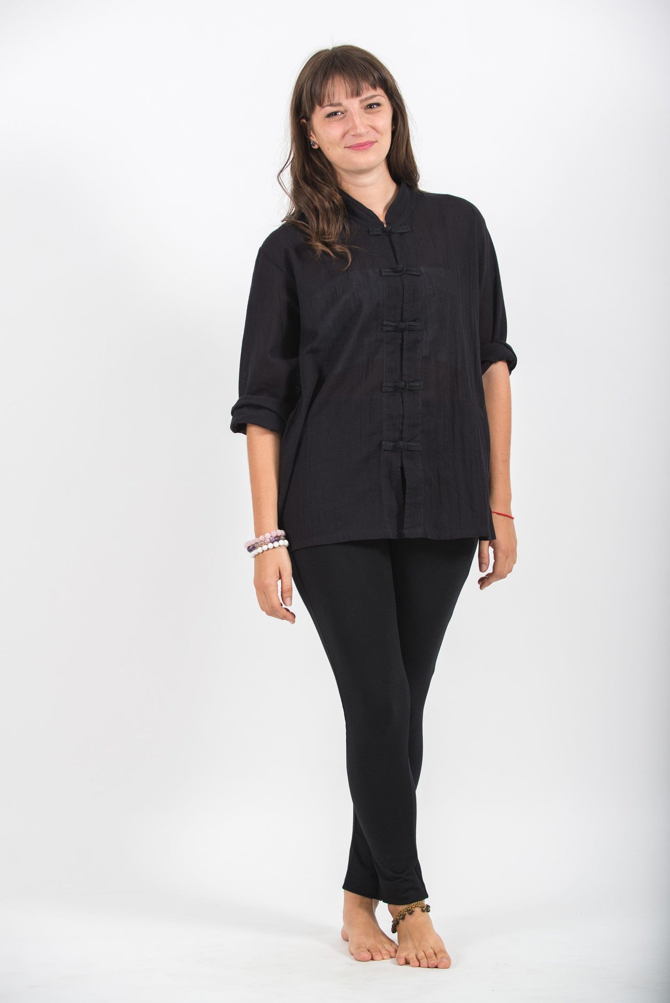 Womens Yoga Shirts Chinese Collared in Black
