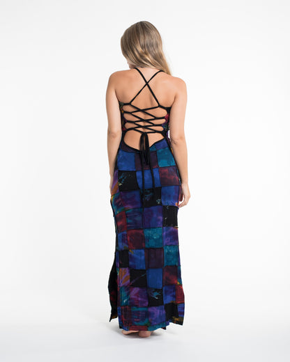 Tie Back Patchwork Tie-Dye Long Dress in Multi Black