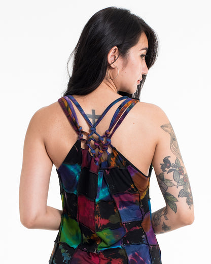 Braided Back Patchwork Tie-Dye Long Dress in Multi Black