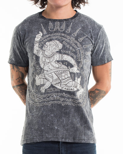 Unisex Hanuman Tattoo Stone Washed Cotton T-Shirt in Black