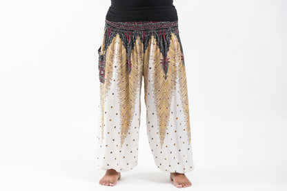 Plus Size Peacock Feathers Women's Harem Pants in White