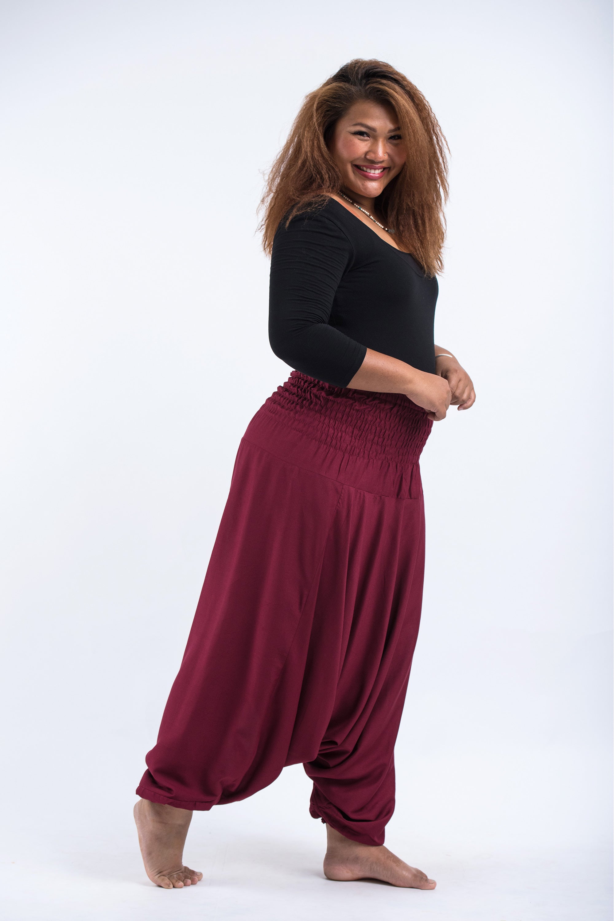 Plus Size Solid Color 2-in-1 Jumpsuit Harem Pants in Red