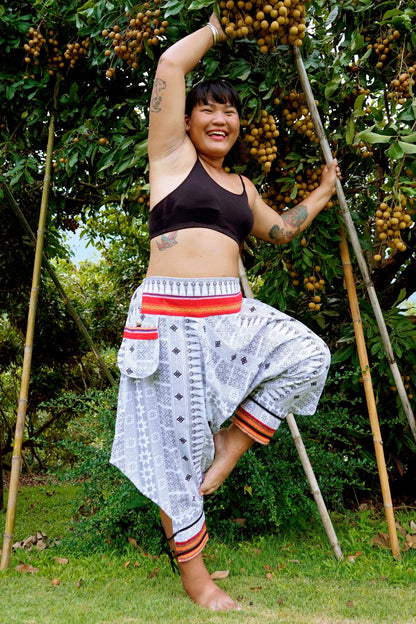 Plus Size Traditional Prints Thai Hill Tribe Fabric Women's Harem Pants with Ankle Straps in White