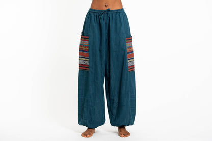 Women's Drawstring Pinstripes Cotton Pants with Aztec Pocket in Turquoise