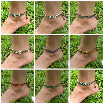 Hand Made Fair Trade Anklet Three Strand Brass Beads Red