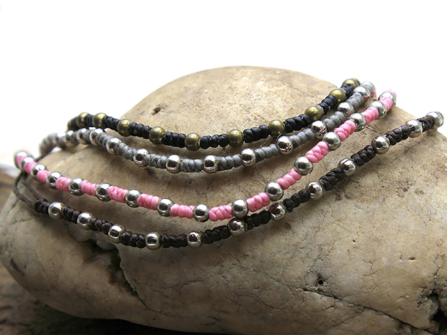 Waxed Cotton with Beads Bracelets 4 Pcs. PACK
