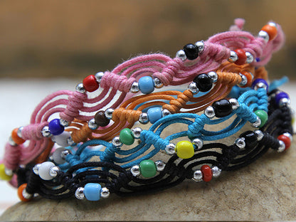 Waxed Cotton Woven Bracelet With Beads 4 Pcs. PACK